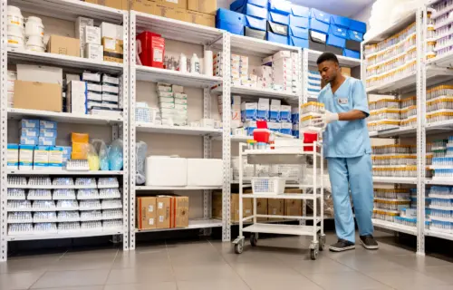 Hospital staff carrying medical supplies out of storage