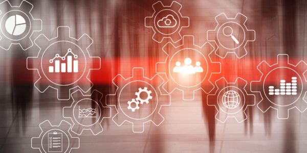 Abstract Automation Technology Business Corporative concept. Diagram with gears and icons on virtual screen.