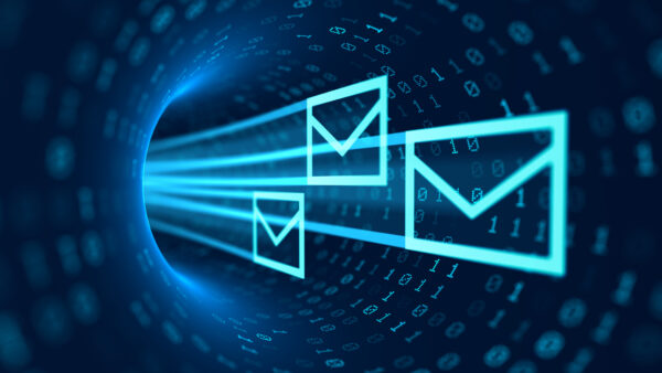 Futuristic illustration of glowing email icons flying through a binary data tunnel, symbolizing fast digital communication, data transfer, and secure online messaging systems.